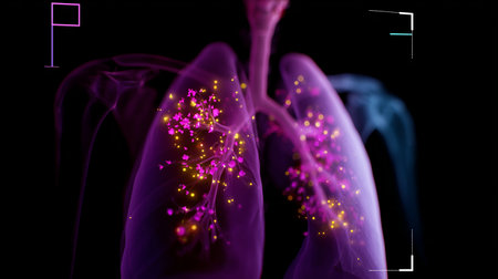 3D rendering of human lungs with colorful particles representing health and disease processesの素材