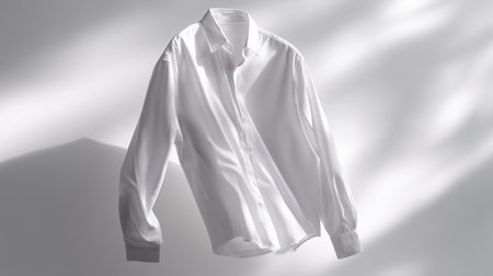 White dress shirt displayed with soft shadows in a minimalist settingの素材