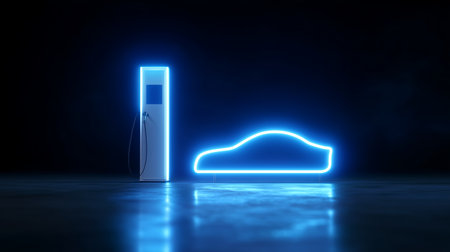 Electric vehicle charging station illuminated in blue light at nightの素材