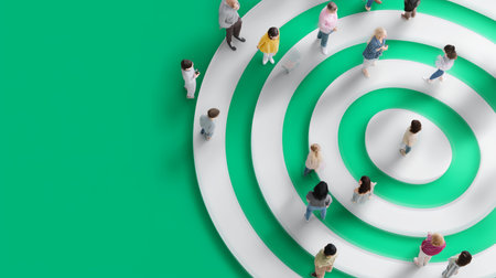 Group of people interacting in a spiral formation on a vibrant green backgroundの素材