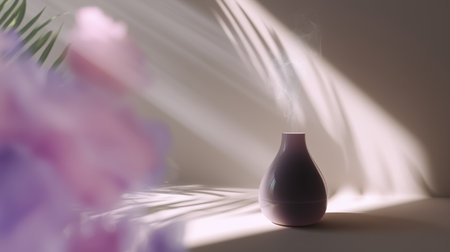 Steam rises from a vase in soft light with flowers nearbyの素材