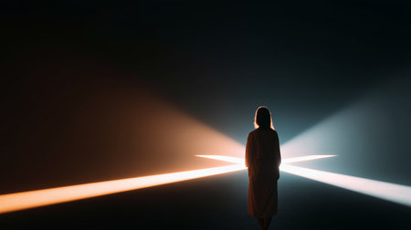 Light beams create a captivating scene with a person standing in the centerの素材
