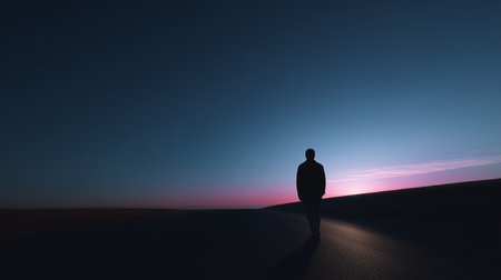 Quiet evening walk at dusk on a deserted road with a person silhouetted against the horizonの素材
