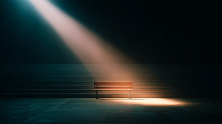 Empty bench in a dimly lit space with a spotlight illuminating one sideの素材