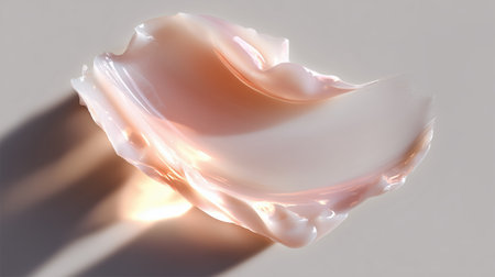 Soft pink shell resting on a smooth surface with gentle light revealing its beautyの素材