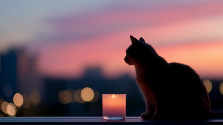 Silhouette of a cat beside a candle at sunset with a colorful skyの素材