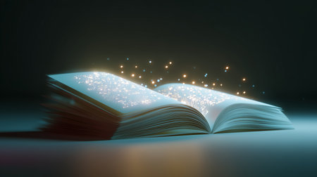 Magic book opens with glowing text and sparkles in a dark settingの素材