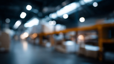 Blurred view of a busy warehouse with shelves full of packages and soft lightingの素材
