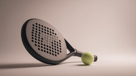 Padel racket and ball on a smooth surface in soft lighting settingの素材