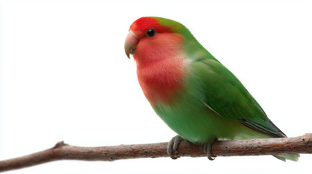 Colorful lovebird perched on a branch against a bright white backgroundの素材