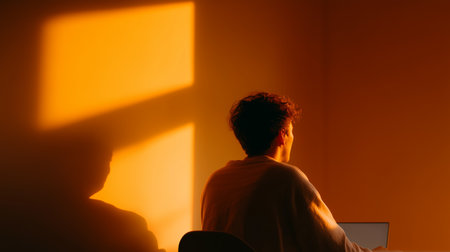 Sunlight streams into room as person sits at desk working on laptop during evening hoursの素材