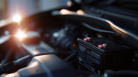 Car battery installation and maintenance in a garage during the eveningの素材