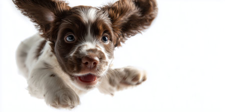Cute puppy jumping playfully with enthusiasm in a bright environmentの素材