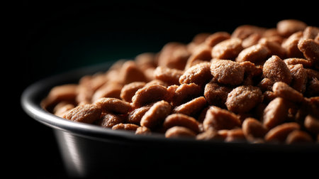Close up view of roasted nuts in a black bowl on a dark backgroundの素材