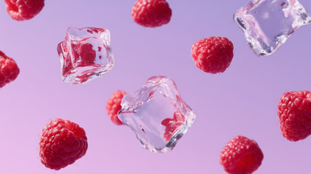 Floating raspberries and ice cubes create a refreshing scene in vibrant colorsの素材