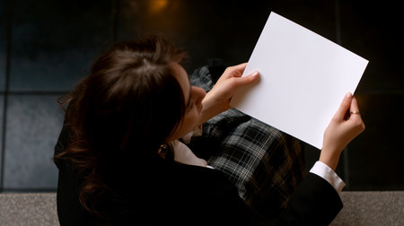 Person sitting on stairs holding a blank sheet of paper while deep in thoughtの素材