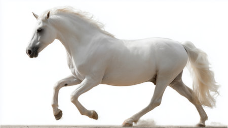 White horse galloping gracefully across a bright landscapeの素材