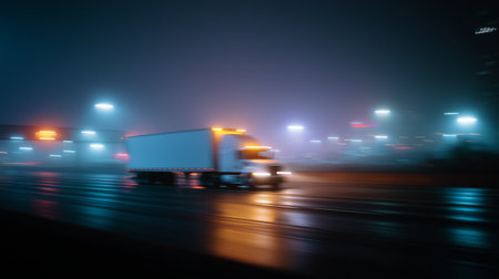 Nighttime truck on a wet road in a foggy cityの素材