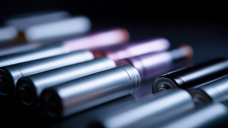 Various metal batteries arranged artistically on a dark surface with soft lightingの素材