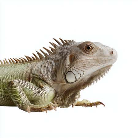Iguana displaying unique features in a studio setting with white backgroundの素材