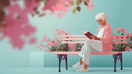 Elderly woman reading a book on a pink bench surrounded by blooming flowers in a serene gardenの素材
