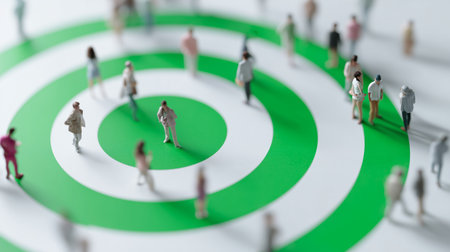 Busy crowd gathered around a large green target symbol on a white surfaceの素材