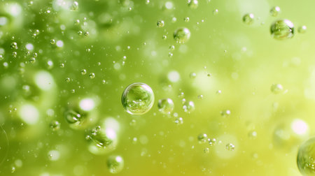 Bubbles floating in green liquid create a dreamy, vibrant scene in a clear glass containerの素材