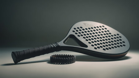 Padel racket and wristband arranged for display in a minimalistic settingの素材
