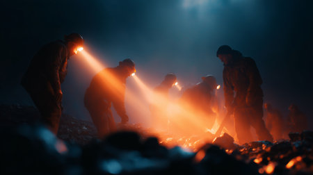 Workers digging in dark environment using headlamps to illuminate the area during nighttimeの素材