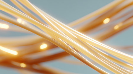 Beautiful strands of golden filament intertwined against a subtle blue backgroundの素材