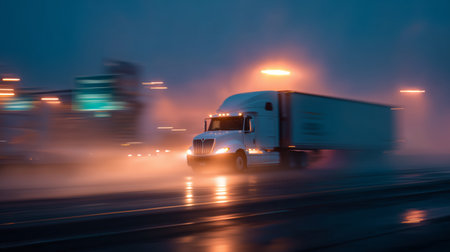 Truck driving through heavy rain at night on a city road with glowing lightsの素材