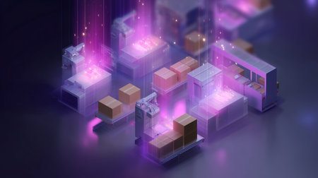 High-tech warehouse with glowing machinery and organized boxes at nightの素材