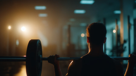 Weightlifting session in a dimly lit gym during evening hoursの素材