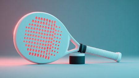 Modern paddle tennis racket with unique design on display in low light settingの素材