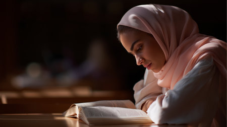 Young woman reading in quiet space with soft lighting and focused expressionの素材