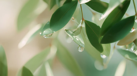 Close-up view of fresh leaves with water droplets in a serene settingの素材