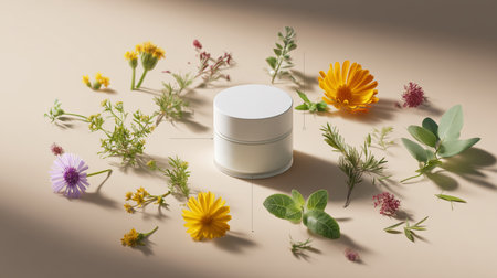 Natural skincare product surrounded by fresh herbs and flowers on a soft backgroundの素材