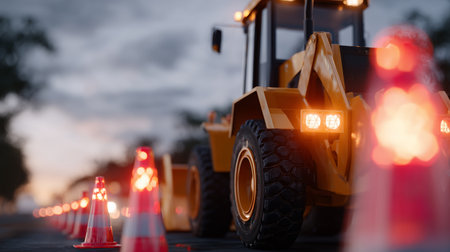 Construction vehicle at work with traffic cones during evening hours on a busy roadの素材