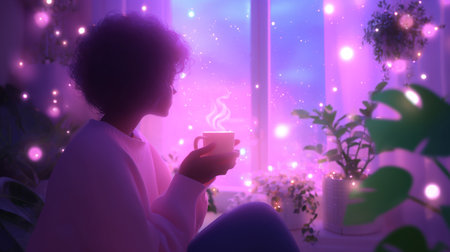 Enjoying a warm cup of tea while gazing out at a colorful twilight skyの素材