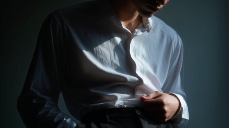 Man adjusting his shirt collar in soft lighting with a dark background during an indoor settingの素材