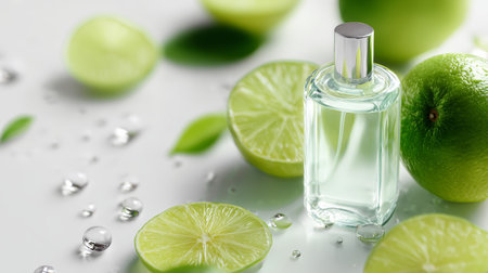 Fresh green apple and lime with a bottle of clear fragrance on a light surfaceの素材