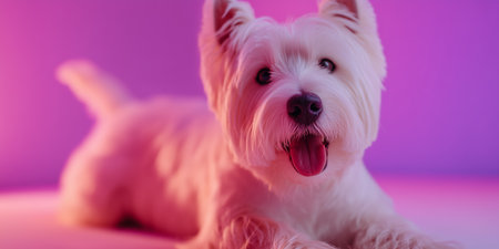 Playful white dog laying down in colorful lighting at home during a relaxed eveningの素材