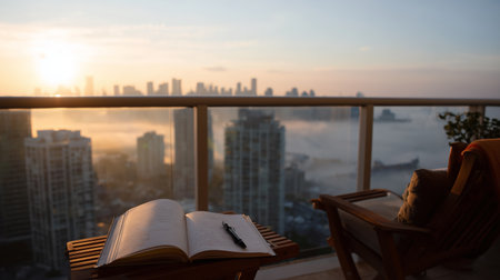 Morning relaxation with book and pen overlooking city skyline at dawnの素材