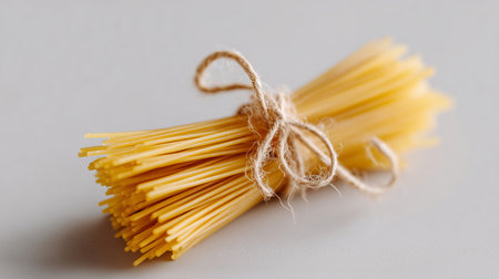 Dried spaghetti bundle tied with twine on a light surface ready for cookingの素材