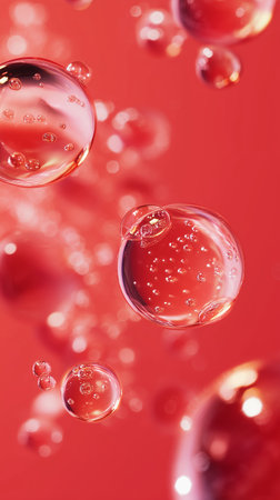 Bubbles float in a red background creating a whimsical and vibrant sceneの素材