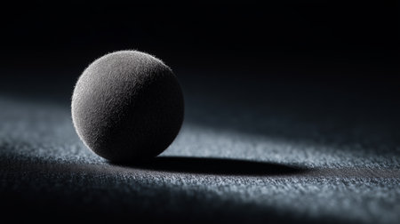 Round gray object resting on dark surface with soft lighting and shadow effectsの素材