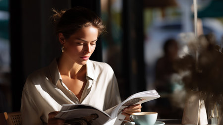 Woman reading a magazine in a cozy cafe during the afternoonの素材