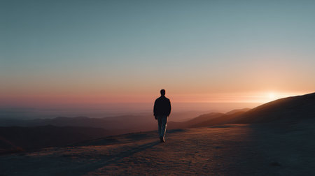 Sunset silhouette of a person walking on a mountain path with vibrant colors in the skyの素材