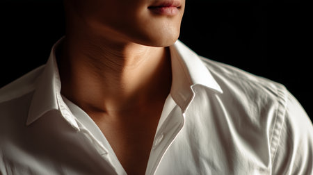 Elegant close-up of a mans collar and neck in soft lighting against a dark backgroundの素材