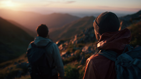 Two hikers enjoy a beautiful sunset view over rugged mountains in the evening skyの素材
